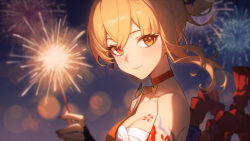 1girl aerial_fireworks arm_tattoo blonde_hair blurry blurry_background breasts butterfly_choker chest_sarashi chest_tattoo choker cleavage closed_mouth commentary_request fireworks floating_hair genshin_impact hair_between_eyes highres holding holding_fireworks japanese_clothes kimono large_breasts looking_at_viewer nail_polish night night_sky orange_hair orange_kimono outdoors portrait red_choker sarashi shali single_bare_shoulder sky smile solo sparkler tattoo yoimiya_(genshin_impact)