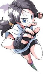 1girl bike_shorts black_gloves black_hair blue_eyes dragon_ball dragonball_z fingerless_gloves gloves highres ikaringo_(ikaringo4444) perspective shirt solo twintails videl white_shirt