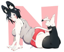 1girl absurdres animal_ear_fluff animal_ears black_hair blush breasts buruma closed_mouth commentary dot_nose english_commentary full_body glasses grey_tank_top highres indie_virtual_youtuber kisa_niya large_breasts looking_at_viewer marking_on_cheek medium_hair n_(letter) pawpads pink_background plump red_buruma red_eyes solo split_mouth tank_top thick_arms thick_thighs thighs tomatomagica virtual_youtuber white_background