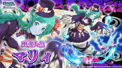 1girl bandaged_tail black_bow black_bowtie blue_skin bow bowtie breasts cleavage colored_skin corset danmachi_memoria_freese diagonal-striped_bow diagonal-striped_bowtie diagonal-striped_clothes dress dungeon_ni_deai_wo_motomeru_no_wa_machigatteiru_darou_ka fins frilled_dress frills green_eyes green_hair hair_bow halloween halloween_costume hat light_blush long_hair looking_at_viewer looking_to_the_side marie_(danmachi) medium_breasts mermaid monster_girl official_art orange_bow pink_bow pumpkin_hat_ornament purple_dress purple_hat second-party_source skull_ornament sleeves_past_fingers sleeves_past_wrists smile solo striped_bow striped_bowtie striped_clothes top_hat torn_clothes torn_sleeves underbust white_bow white_corset