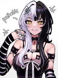 1girl absurdres arm_strap black_arm_warmers black_choker black_dress black_hair black_nails breasts choker cleavage dress english_text grey_hair hand_up highres hololive hololive_english jerrytz jewelry large_breasts long_hair looking_at_viewer multicolored_hair nail_polish parted_lips ribbon ring shiori_novella shiori_novella_(1st_costume) simple_background solo split-color_hair striped_arm_warmers two-tone_hair virtual_youtuber white_background white_ribbon yellow_eyes