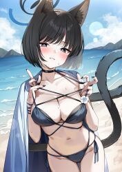 1girl adjusting_clothes adjusting_swimsuit animal_ear_fluff animal_ears beach bikini black_choker black_eyes black_hair black_nails blud_haori blue_archive blue_bikini blue_halo blush breasts cat_ears cat_girl cat_tail choker cleavage gradient_tail grin halo highres kikyou_(blue_archive) kikyou_(swimsuit)_(blue_archive) kinokomushi large_breasts layered_bikini looking_at_viewer multiple_tails navel ocean official_alternate_costume short_hair smile solo stomach sweat swimsuit tail two_tails