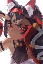 1girl absurdres animal_ear_fluff animal_ears aragiken barcode bare_shoulders bell black_hair bridal_gauntlets cat_ears cat_girl dark-skinned_female dark_skin detached_sleeves facial_mark forehead_mark highres jingle_bell looking_at_viewer neck_bell nekomiya_mana parted_bangs ponytail puffy_sleeves red_eyes short_eyebrows slit_pupils smile smug solo white_background zenless_zone_zero