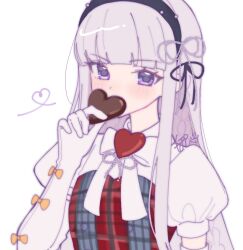 Rule 34 | 1girl, black hairband, blunt bangs, blush, bow, bowtie, chocolate, danganronpa: trigger happy havoc, danganronpa (series), elbow gloves, food, gloves, hairband, heart ornament, holding, holding chocolate, holding food, kirigiri kyoko, long hair, official alternate costume, pink eyes, pink hair, pote (pote 39), puffy short sleeves, puffy sleeves, shirt, short sleeves, simple background, solo, white background, white bow, white bowtie, white gloves, white shirt
