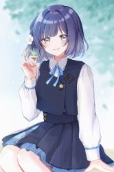 Rule 34 | 1girl, absurdres, blue overskirt, blue ribbon, blue skirt, blue vest, blurry, blurry background, blush, commentary request, feet out of frame, gakuen idolmaster, hair flaps, hataya misuzu, hatsuboshi gakuen school uniform, highres, holding, holding leaf, idolmaster, leaf, long sleeves, looking at viewer, mole, mole under mouth, neck ribbon, purple eyes, purple hair, ribbon, school uniform, shirako (srk srtk), shirt, short hair, sitting, skirt, skirt set, smile, solo, vest, watermark, white shirt
