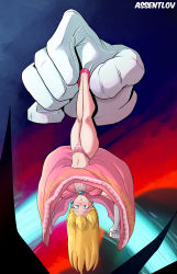 Rule 34 | 1girl, assentlov, blonde hair, blue eyes, breasts, earrings, embarrassed, gloves, high heels, humiliation, jewelry, leg grab, legs, long hair, mario (series), master hand, navel, nintendo, panties, pink panties, princess peach, striped clothes, striped panties, super mario bros. 1, super smash bros., underwear, upside-down, upskirt