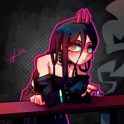 1girl alpharecdyt alternate_costume alternate_hair_color black_hair black_shirt breasts chainsaw_man cleavage closed_mouth cross-shaped_pupils goth_fashion hair_between_eyes highres horns long_hair long_hair_between_eyes power_(chainsaw_man) red_horns shirt solo symbol-shaped_pupils yellow_eyes