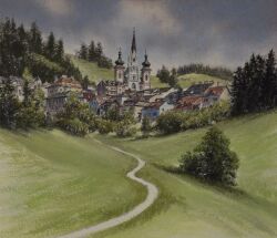 absurdres apartment austria blue_sky building bush day grass highres hill house no_humans original painting_(medium) path road sky tanamachi_yoshihiro tower traditional_media tree window