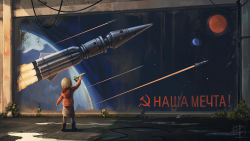 1girl artist_request blonde_hair child commentary female_focus highres hood hoodie original rocket russian_commentary short_hair skirt solo sovetsky_soyuz soviet space tagme ukraine