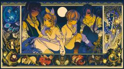 2boys 2girls 6+others absurdres adam_moonlit apple aqua_hair bags_under_eyes bat_(animal) bird bitten_apple blonde_hair blouse blue_dress blue_hair blue_pants boots brother_and_sister brown_boots bullet clippers clockworker&#039;s_doll collar collarbone collared_dress collared_shirt cup demon dress drinking_glass empty_eyes eve_moonlit evillious_nendaiki expressionless father_and_daughter father_and_son fish foliage food food_bite four_mirrors_of_lucifenia frilled_collar frilled_shirt frilled_sleeves frills fruit full_moon genzai_monogatari gilles_derais_(evillious_nendaiki) glass_bottle glass_of_conchita goat green_dress green_hair gretel_(evillious_nendaiki) grim_the_end hands_on_another&#039;s_chest hansel_(evillious_nendaiki) hatsune_miku highres holding_hands insect_wings kagamine_len kagamine_rin kaito_(vocaloid) katana key leaf long_hair marie_annette marlon_spoon mirror moon moonlit_bear_(vocaloid) mother_and_daughter mother_and_son mui4ioqaak9436 multiple_boys multiple_girls multiple_others neckerchief night night_sky okizari_tsukiyo_shou_(vocaloid) open_collar owl pants pig pinafore_dress puffy_short_sleeves puffy_sleeves purple_eyes rahab_barisol salem_buldar scissors shaded_face shirt short_hair short_sleeves siblings sky sleeveless sleeveless_dress smile snake spoon striped_clothes striped_shirt suspenders sword tentacles twin_blades_of_levianta twins twintails venom_sword very_long_hair vessel_of_sin vlad_tuberci vocaloid weapon white_dress white_shirt wine_glass wings yellow_neckerchief yellow_pants