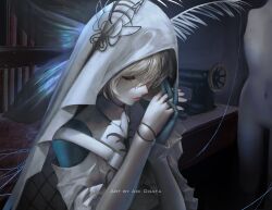 1girl aoi_ogata artist_name brown_hair clip_studio_paint_(medium) closed_eyes closed_mouth commentary commission doll_joints dress english_commentary hands_up indoors joints mannequin original own_hands_together sewing_machine solo upper_body veil white_dress