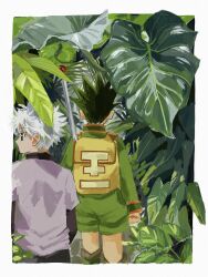 2boys black_hair blue_eyes border eriashi_36cm facing_away fishing_rod gon_freecss green_jacket green_shorts highres holding holding_fishing_rod hunter_x_hunter jacket killua_zoldyck layered_sleeves leaf long_sleeves male_focus multiple_boys outdoors purple_shirt shirt short_hair short_over_long_sleeves short_sleeves shorts spiked_hair standing upper_body white_border white_hair white_shirt yellow_bag