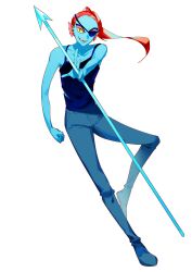1girl black_tank_top blue_skin clenched_hand colored_skin denim eyepatch fangs fins flat_chest full_body head_fins highres holding holding_polearm holding_weapon jeans orange_hair pants polearm ponytail re1re133 smile solo standing standing_on_one_leg tank_top undertale undyne weapon white_background yellow_eyes