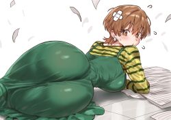 1girl absurdres ass bandaid bandaid_on_head breasts bright_pupils brown_hair dress earrings ebora fallen_down fate/stay_night fate_(series) fujimura_taiga green_dress highres huge_ass jewelry large_breasts looking_at_viewer lying non-web_source paper pearl_earrings pinafore_dress shirt short_hair sleeveless sleeveless_dress solo striped_clothes striped_shirt twisted_torso white_background white_pupils yellow_shirt