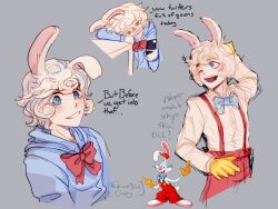 1boy bad_tag blue_eyes bow bowtie cosplay gloves hood hoodie indie_virtual_youtuber khyomaru overalls rabbit_boy rabbit_ears rabbit_tail roger_rabbit virtual_youtuber white_hair