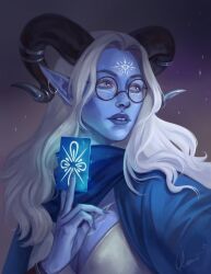 1girl black-framed_eyewear black_horns blue_skin card colored_skin earrings facial_mark forehead_mark glasses highres holding holding_card horns jewelry kueshka long_hair looking_to_the_side original playing_card pointy_ears portrait round_eyewear signature solo white_hair