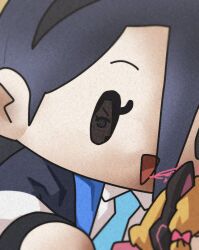 2girls animal_ear_headphones animal_ears animegao aris_(blue_archive) black_hair blonde_hair blue_archive blue_necktie cat_ear_headphones chibi close-up cosplay fake_animal_ears halo headphones kigurumi looking_at_viewer mascot_head meme momoi_(blue_archive) multiple_girls necktie parody photo-referenced pink_halo sechi_(sechihyeo) smile solid_oval_eyes solo_focus triangle_mouth