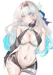 1girl :o absurdres alternate_costume black_choker black_garter_straps blue_ribbon bra brown_hairband choker firefly_(honkai:_star_rail) garter_straps green_bra green_pupils grey_hair hair_between_eyes hair_ornament hair_ribbon hairband highres honkai:_star_rail honkai_(series) hua_(yijing) multicolored_eyes open_mouth ribbon simple_background single_garter_strap sketch solo thigh_strap underwear white_background