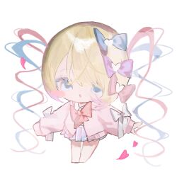 Rule 34 | 1girl, :o, blonde hair, blue eyes, blue hair, blue sky, blush, bow, chest bow, chibi, chibi only, chouzetsusaikawa tenshi-chan, chouzetsusaikawa tenshi-chan (needy girl overdose exhibition), colored tips, double-parted bangs, full body, hair between eyes, hair bow, heart, highres, jacket, knees apart feet together, looking at viewer, mika3kami, multicolored hair, multiple hair bows, needy girl overdose, outstretched arms, pastel colors, pink hair, pink jacket, quad tails, sky, white background, wrist bow