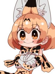 1girl :&gt; animal_ear_fluff animal_ears animal_print blush bow bowtie chibi crossed_arms elbow_gloves gloves hair_behind_ear highres kemono_friends looking_at_viewer notora orange_hair serval_(kemono_friends) short_hair skirt smile solo traditional_bowtie two-tone_bow two-tone_bowtie