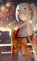 1girl absurdres bow brown_eyes dango fate/grand_order fate_(series) fireworks food grin highres japanese_clothes kimono long_hair long_sleeves looking_at_viewer melusine_(fate) multicolored_kimono obi obiage orange_bow orange_kimono ponytail sanshoku_dango sash sash_bow smile solo summer_festival teeth upper_body wagashi white_hair white_kimono wide_sleeves youqimin_(jiegaozhong)