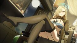 1girl absurdres alternate_costume asuna_(blue_archive) black_garter_straps black_shrug black_thighhighs blonde_hair blue_archive blue_eyes blue_halo breasts chinese_clothes commentary crossed_legs full_moon garter_straps hair_over_one_eye halo highres indoors large_breasts long_hair looking_at_viewer mole mole_on_breast moon night night_sky shrug_(clothing) sky smile solo thighhighs yuyiosang