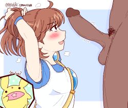 1boy 1girl arle_nadja armor armpits arms_up blush border breastplate breasts brown_eyes brown_hair carbuncle_(puyopuyo) dark-skinned_male dark_skin large_penis long_hair madou_monogatari open_mouth penis pongldr ponytail pubic_hair puyopuyo self-upload shirt simple_background size_difference small_breasts smile solo_focus testicles trembling tying_hair uncensored vest white_border