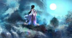 00 1girl black_hair blurry branch chinese_clothes dark female_focus flute fog full_moon highres holding instrument long_hair looking_afar looking_away moon mountain night original rabbit sky solo tree