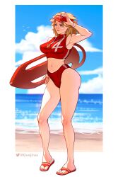 1girl absurdres beach blonde_hair blue_eyes breasts fantastic_four genjiruu highres large_breasts long_hair marvel marvel_rivals solo sue_storm swimsuit thighs water