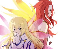 blonde_hair blue_eyes colette_brunel dress elbow_gloves floating_hair from_side gloves gold_choker headband highres hzk882 jacket own_hands_clasped own_hands_together pink_vest red_hair simple_background tales_of_(series) tales_of_symphonia twitter_username vest white_background white_dress white_gloves white_headband white_jacket wings zelos_wilder