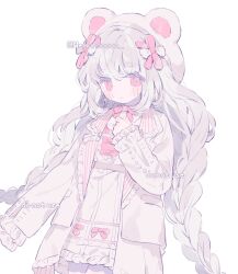 1girl animal_ear_fluff animal_ears bear_ears bow braid dress frills grey_hair hair_ornament hat hat_ornament highres jacket long_hair long_sleeves memuro open_clothes open_jacket original pink_eyes sample_watermark sleeves_past_wrists twin_braids very_long_hair watermark white_background white_jacket