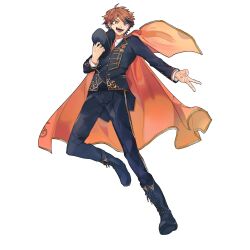 Rule 34 | 1boy, :d, ahoge, black boots, black hair, black jacket, black pants, black vest, boots, cape, collared shirt, curtained hair, fang, full body, hat, heterochromia, highres, holding, holding unworn clothes, holding unworn hat, holostars, holostars idol uniform (2nd act), idol clothes, jacket, kandzue pengin, knee boots, lace-up boots, lapels, long sleeves, looking at viewer, male focus, medal, mole, mole under eye, multicolored hair, necktie, official alternate costume, open mouth, orange cape, orange eyes, orange hair, orange necktie, outstretched arm, pants, peaked cap, purple eyes, shirt, short hair, smile, solo, standing, standing on one leg, streaked hair, swept bangs, unworn hat, unworn headwear, v, vest, virtual youtuber, white shirt, yukoku roberu