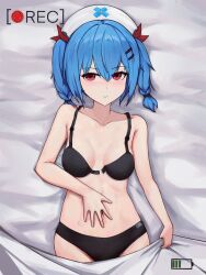 Rule 34 | 1girl, bed sheet, black bra, black panties, blue hair, blush, bra, breasts, colphne (girls&#039; frontline 2), girls&#039; frontline, girls&#039; frontline 2: exilium, hair between eyes, hair ornament, hairclip, hand on own stomach, hat, light smile, looking at viewer, lying, medium breasts, medium hair, navel, nurse cap, on back, on bed, panties, recording, red eyes, reiji (zero), sheet grab, small breasts, solo, twintails, underwear, undone bra