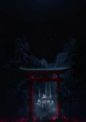 1girl absurdres animal_ears betabeet brown_hat commentary english_commentary fox_ears fox_girl grey_hair hat highres japanese_clothes kimono long_hair looking_at_viewer looking_back multiple_tails night night_sky nijisanji nijisanji_en nina_kosaka outdoors red_eyes red_kimono scenery sky solo star_(sky) starry_sky straw_hat tail torii virtual_youtuber
