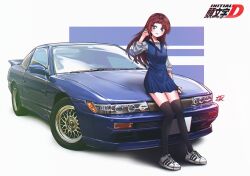 1girl absurdres adidas adidas_superstar black_thighhighs blue_dress blush breasts brown_hair car copyright_name dress grey_shirt hand_in_own_hair head_tilt highres initial_d logo long_hair long_sleeves medium_breasts mizzterbii motor_vehicle nissan nissan_180sx nissan_sileighty nissan_silvia nissan_silvia_s13 on_car parted_bangs satou_mako shadow shirt signature sitting smile solo sports_car thighhighs vehicle_focus