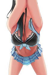 1girl absurdres amesuku_gyaru ankurusu armpits arms_up bent_over black_bra black_hair black_panties bra breasts commentary crop_top facing_viewer gyaru highres kogal medium_breasts miniskirt navel paid_reward_available panties panty_straps shirt simple_background skirt solo stomach tied_shirt underwear white_background yahari_ore_no_seishun_lovecome_wa_machigatteiru. yukinoshita_yukino
