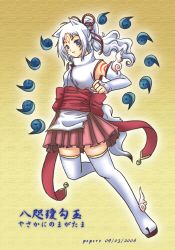 1girl amaterasu_(ookami) animal_ears blue_eyes face_paint facial_tattoo fingerless_gloves gloves humanization japanese_clothes jewelry long_hair magatama miko obi ookami_(game) personification ponytail rosary_(ookami) sash shoulder_tattoo skirt solo tail tattoo thighhighs white_gloves white_hair wolf_ears wolf_tail