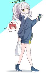 &gt;_&lt; 2girls :d absurdres ahoge black_hoodie black_shoes blue_archive blue_background blush blush_stickers breasts can chibi chibi_inset closed_eyes closed_mouth double_bun from_side green_eyes grey_hair hair_bun hair_intakes halo hare_(blue_archive) highres holding holding_can hood hood_down hoodie long_hair maki_(blue_archive) medium_breasts moyoron multiple_girls open_mouth ponytail shadow shoes smile solo_focus two-tone_background white_background xd