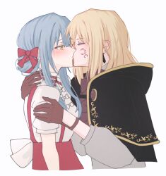 2girls absurdres aver_(yumenokessho) bang_dream! bang_dream!_it&#039;s_mygo!!!!! black_cape blonde_hair blue_hair blush bow brown_gloves cape commentary doloris_(bang_dream!) earrings facial_tattoo firman_acker gloves hair_bow highres jewelry kiss long_hair looking_at_another medium_hair misumi_uika multiple_girls red_bow red_skirt shirt short_sleeves simple_background skirt suspender_skirt suspenders sweets_paradise tattoo togawa_sakiko white_background white_shirt yellow_eyes yumenokessho yuri