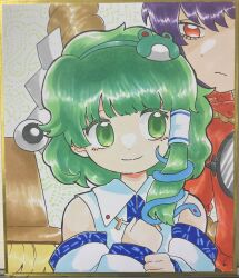 3girls absurdres bare_shoulders blonde_hair blunt_bangs collared_shirt detached_sleeves dot_nose facing_viewer frog_hair_ornament green_eyes green_hair hair_ornament hair_tubes highres jewelry kochiya_sanae long_sleeves looking_at_another medium_hair mirror moriya_suwako multiple_girls necklace patterned_clothing purple_hair pyonta red_eyes rope shikishi shimenawa shirt single_hair_tube single_sidelock sleeveless sleeveless_shirt smile snake_hair_ornament touhou traditional_media umebitan wavy_hair wide_sleeves yasaka_kanako