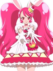 Rule 34 | 1girl, animal ears, anime coloring, big hair, bow, bow skirt, buttons, cake, choker, closed mouth, collarbone, cowboy shot, cure whip, earrings, eyelashes, floppy ears, food, food-themed clothes, food-themed hair ornament, frilled skirt, frills, fruit, gloves, hair ornament, hairband, heart, heart print, high-waist skirt, jewelry, kirakira precure a la mode, layered skirt, long hair, magical girl, miniskirt, moritakusan, outstretched arms, pink bag, pink bow, pink choker, pink hair, pink hairband, pink vest, pom pom (clothes), pom pom earrings, precure, puffy short sleeves, puffy sleeves, rabbit ears, rabbit girl, red eyes, shirt, short sleeves, simple background, skirt, smirk, smug, solo, square neckline, standing, straight-on, strawberry, strawberry shortcake, tareme, thighs, twintails, two-tone bag, usami ichika, v-shaped eyebrows, very long hair, vest, waist bag, wavy hair, white background, white gloves, white shirt, white skirt, yellow bag, yellow skirt