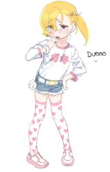 1girl belt blonde_hair chi-iz child fang hair_bobbles hair_ornament hair_over_one_eye hands_on_own_hips heart heart_print highres mesugaki original short_shorts shorts side_ponytail simple_background sketch thighhighs white_background