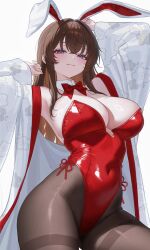 1girl :3 absurdres animal_ears arm_up armpits bare_shoulders blue_eyes bow bowtie breasts brown_hair brown_pantyhose cleavage closed_mouth commission covered_navel cowboy_shot detached_collar fake_animal_ears hand_up haori highleg highleg_leotard highres japanese_clothes large_breasts leotard long_hair looking_at_viewer mumu_muw off_shoulder original pantyhose playboy_bunny rabbit_ears red_leotard side-tie_leotard simple_background smile solo standing strapless strapless_leotard takamiya_keika thighband_pantyhose white_background white_haori wide_sleeves