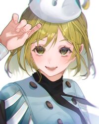 1girl blonde_hair blush coco_(tongari_boushi_no_atelier) fari_xo fingernails green_eyes hair_between_eyes hat highres long_sleeves open_mouth qifrey&#039;s_atelier_apprentice_uniform short_hair smile solo tassel teeth tongari_boushi_no_atelier upper_body upper_teeth_only