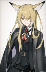 1girl animal_ears arknights belt belt_buckle black_belt black_coat black_jacket blonde_hair buckle closed_mouth coat coat_on_shoulders collared_shirt commentary cowboy_shot eyes_visible_through_hair facial_scar grey_background grey_hair hair_between_eyes jacket long_hair long_sleeves looking_at_viewer multicolored_hair necktie orange_eyes red_necktie scar scar_on_cheek scar_on_face shirt shsuta_0013 smile solo standing streaked_hair vulpisfoglia_(arknights) white_shirt
