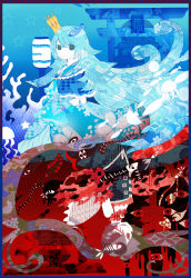 2girls absurdres argyle asa_no_ha_(pattern) bandaged_head bandages bare_shoulders blood blood_on_face bloody_tears blue_eyes blue_gemstone blue_hair blue_theme brown_hair cherry_blossoms chest_belt choker contrast coral crown dingdang dress eel evil_grin evil_smile expressionless fish fish_hair_ornament framed frills funamusea gem grin hair_ornament hair_over_one_eye halftone hands_on_own_stomach highres japanese_clothes jellyfish jitome kikumon kimono lantern long_hair looking_at_viewer mikotsuhime mikotsuhime_(funamusea) multiple_girls oounabara_to_wadanohara patterned_hair red_theme rotational_symmetry sayagata sea_anemone shippou_(pattern) siblings sisters skeleton skeleton_hair_ornament slit_pupils smile solid_eyes squid star_(symbol) striped tentacles torii uomihime upper_body upside-down very_long_hair wrist_cuffs yagasuri