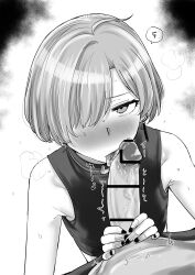 2boys absurdres blush bob_cut clothed_male_nude_male fellatio genderswap genderswap_(otm) greyscale hair_over_one_eye highres kaiman_garupan licking licking_penis male_focus monochrome multiple_boys nail_polish nijisanji nude oral penis ryuushen short_hair sleeveless tongue trap virtual_youtuber