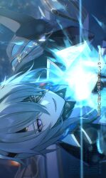 1boy absurdres anaxa_(honkai:_star_rail) aqua_hair black_jacket blue_eyes chain earrings eyepatch hair_between_eyes highres honkai:_star_rail honkai_(series) jacket jewelry looking_at_viewer male_focus one_eye_covered open_mouth rns9ws side_ponytail sideways single_earring smile solo teeth translation_request watermark