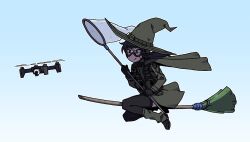 1girl aircraft black_footwear black_gloves black_hair black_thighhighs blue_background blush broom broom_riding brown_hat brown_jacket butterfly_net closed_mouth commentary drone english_commentary full_body gloves goggles gradient_background grey_eyes hair_between_eyes hand_net hat highres holding jacket karepack long_hair long_sleeves low_ponytail original ponytail quadcopter small_sweatdrop solo sweat thighhighs unmanned_aerial_vehicle v-shaped_eyebrows white_background witch_hat