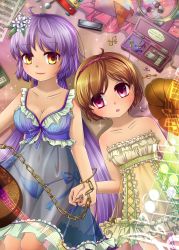 2girls :3 ahoge babydoll bare_shoulders beamed_quavers biwa_lute bow breasts chain chemise cleavage collarbone covered_navel crotchet_rest dress flower frilled_dress frills hair_flower hair_ornament hairband harmonica highres holding_hands instrument kakiikada large_breasts lingerie long_hair lute_(instrument) lying mallet multiple_girls music_box musical_note on_floor panties pillow purple_eyes quaver quaver_rest see-through_clothes see-through_silhouette sheet_music short_hair side-tie_panties sleeveless sleeveless_dress small_breasts musical_staff strapless strapless_dress tambourine touhou treble_clef tsukumo_benben tsukumo_yatsuhashi underwear very_long_hair yellow_eyes